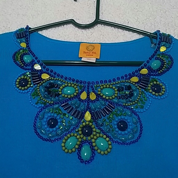 Ruby Rd Blue Top with Beaded Neck Bib Details - Picture 2 of 8